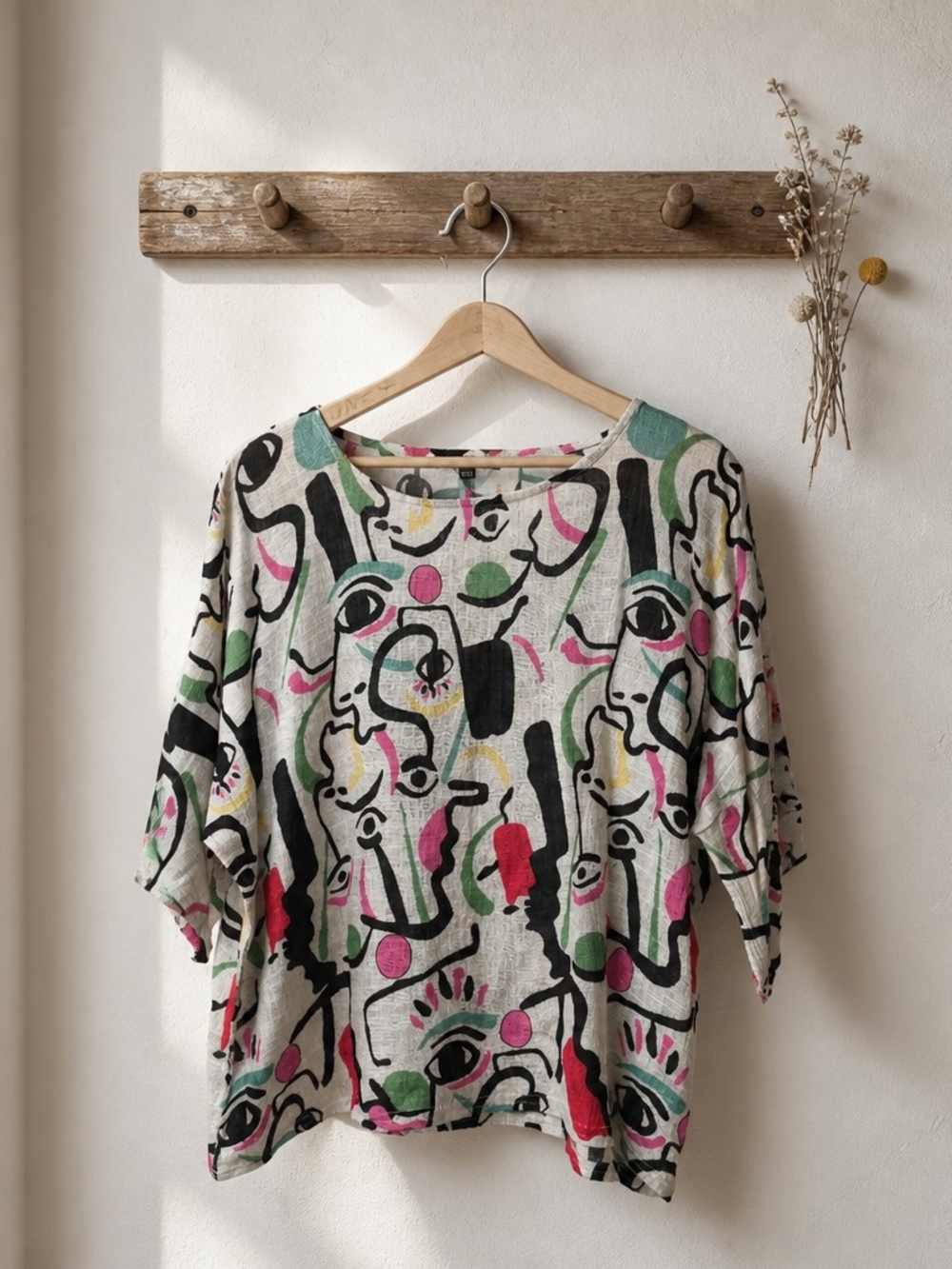 Abstract Face Print Tie-Sleeve Cotton Top - White/Multi - Picture 2 of 7